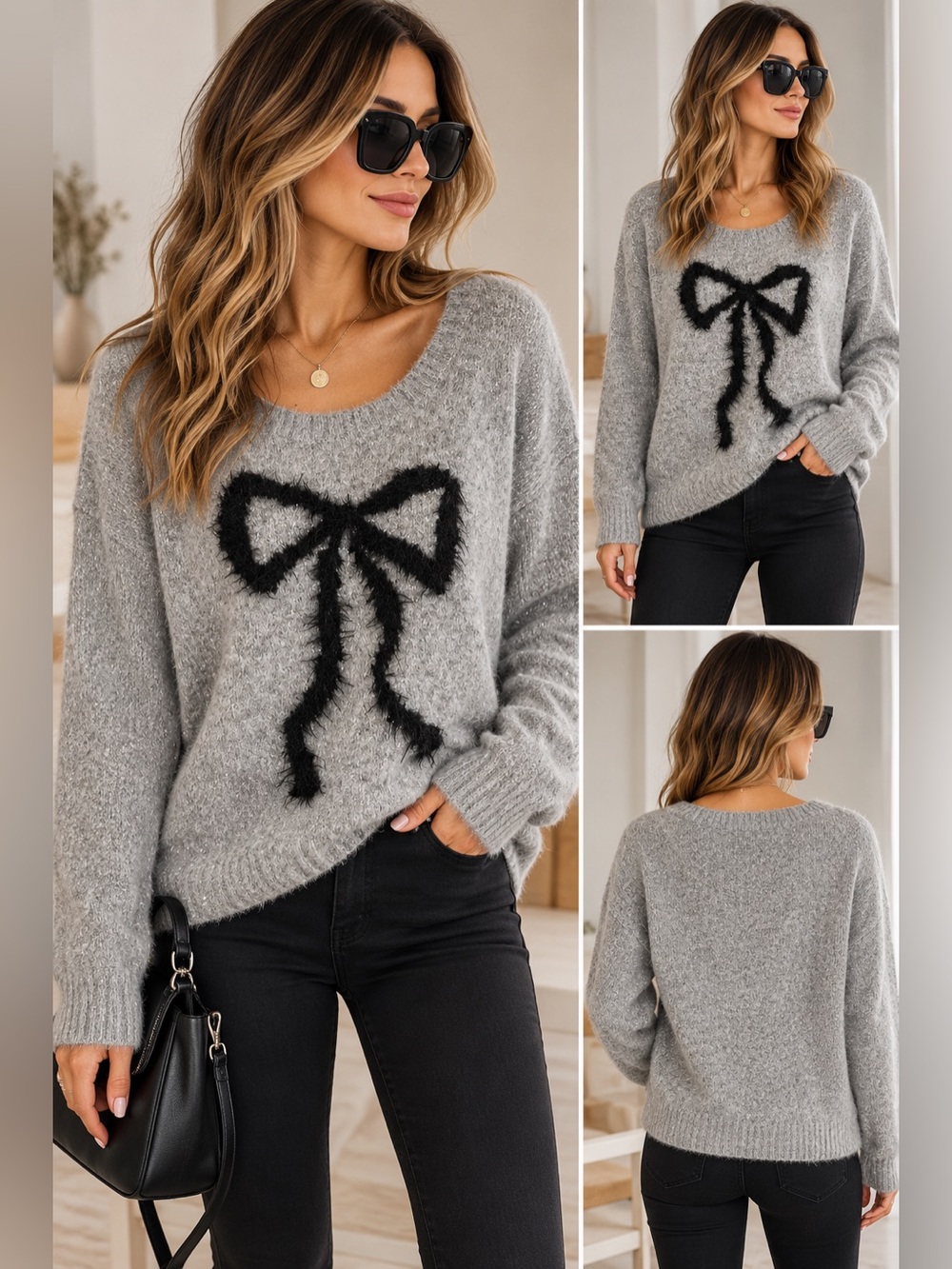 Anthropologie Maeve Sparkle Gray Bow Sweater Women's Size Medium